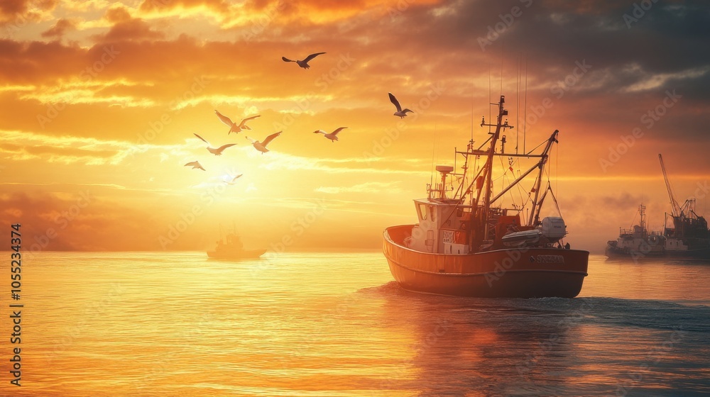 Fototapeta premium A fishing boat returning to the harbor at sunset, with seagulls flying overhead