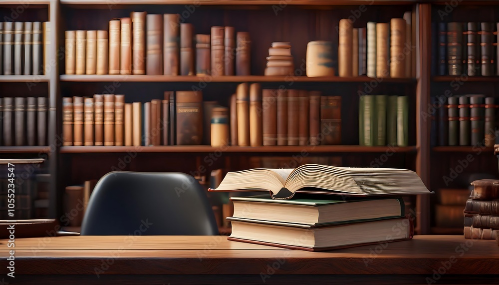 Workplace with a not book on the desk, and bookshelf in the library Background Workplace with a not book on the desk, and bookshelf in the library Background