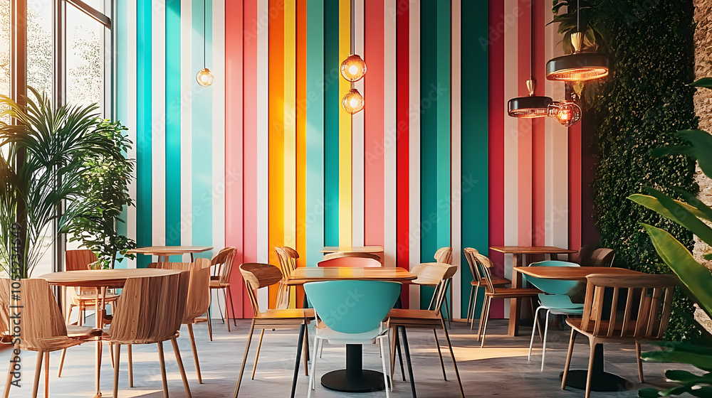 Obraz premium Modern and colorful cafe interior with minimalist wooden furniture and striped walls