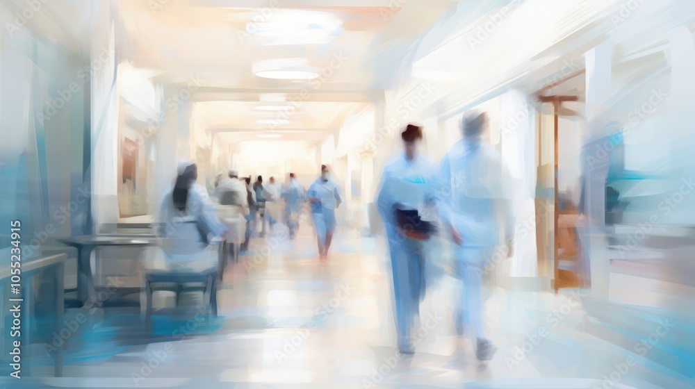 A blurred view of a modern clinic corridor with medical professionals in white coats walking through the hallway, A blurred view of a modern clinic corridor with medical professionals in white coats walking through the hallway,