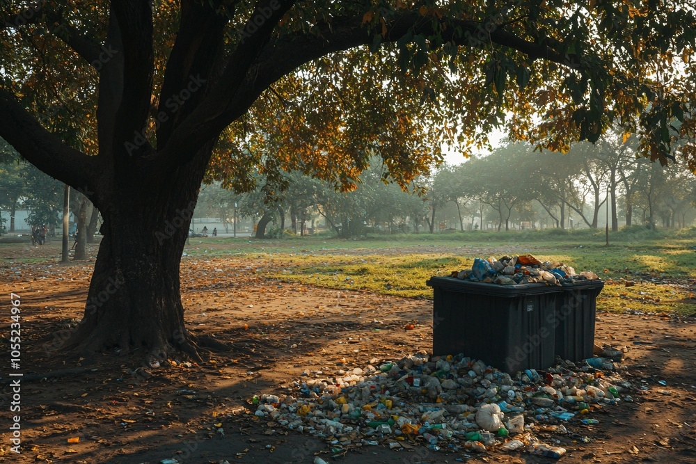 Overflowing Garbage Bin in Park with Scattered Trash Overflowing Garbage Bin in Park with Scattered Trash