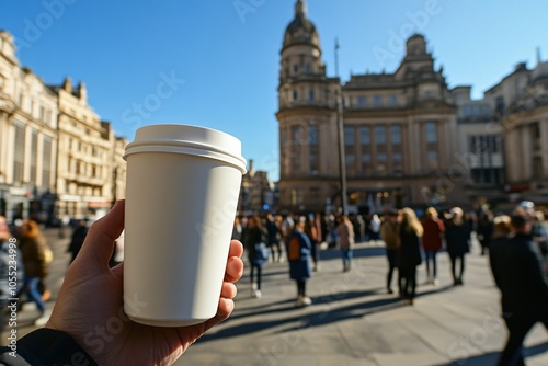 Person Walking with Reusable Coffee Cup in City Scene photo