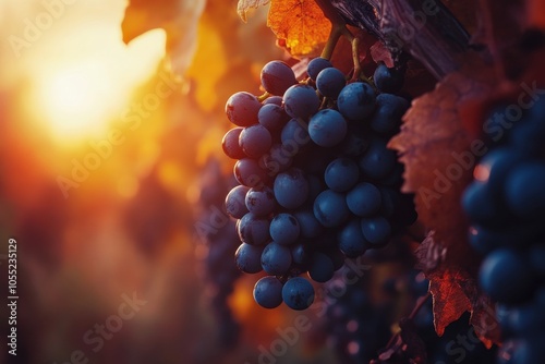 Syrah Grapes on Vine at Sunset. Bunch of Ripe Grapes in Vineyard