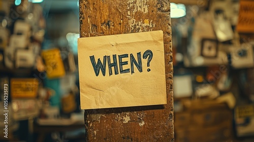 A card with the word 'WHEN?' is taped to a textured wooden beam in a busy room, symbolizing themes of querying time and indefinite expectations. photo