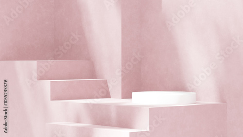 Background featuring an empty product display mockup with a pink backdrop and abstract geometric platforms designed for showcasing merchandise in landscape orientation.