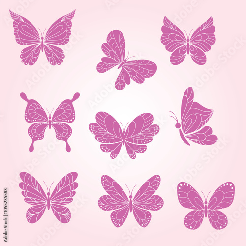 Butterflies silhouettes set on white pink