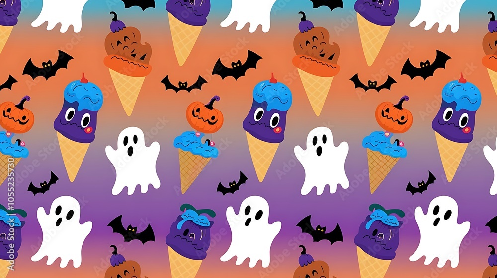 Naklejka premium Cartoon ice cream seamless Halloween monsters pattern for wrapping paper and fabrics and linens and kids clothes print and autumn packaging and festive accessories. High quality illustration