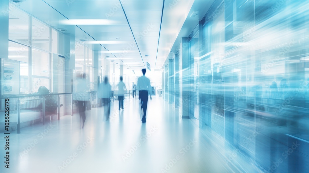Blurred abstract background showing a clinic corridor with medical staff walking, Blurred abstract background showing a clinic corridor with medical staff walking,
