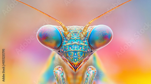 Macro shot of a praying mantis with its body adorned in subtle fractal patterns, the patterns radiating in soft rainbow tones, creating a sense of elegance and surreal beauty.