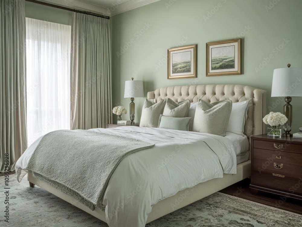 Mint walls with metallic accents and soft, neutral furnishings create a modern, serene atmosphere in this bedroom Mint walls with metallic accents and soft, neutral furnishings create a modern, serene atmosphere in this bedroom