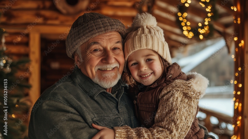A grandfather embraces his smiling granddaughter near a cozy cabin A grandfather embraces his smiling granddaughter near a cozy cabin
