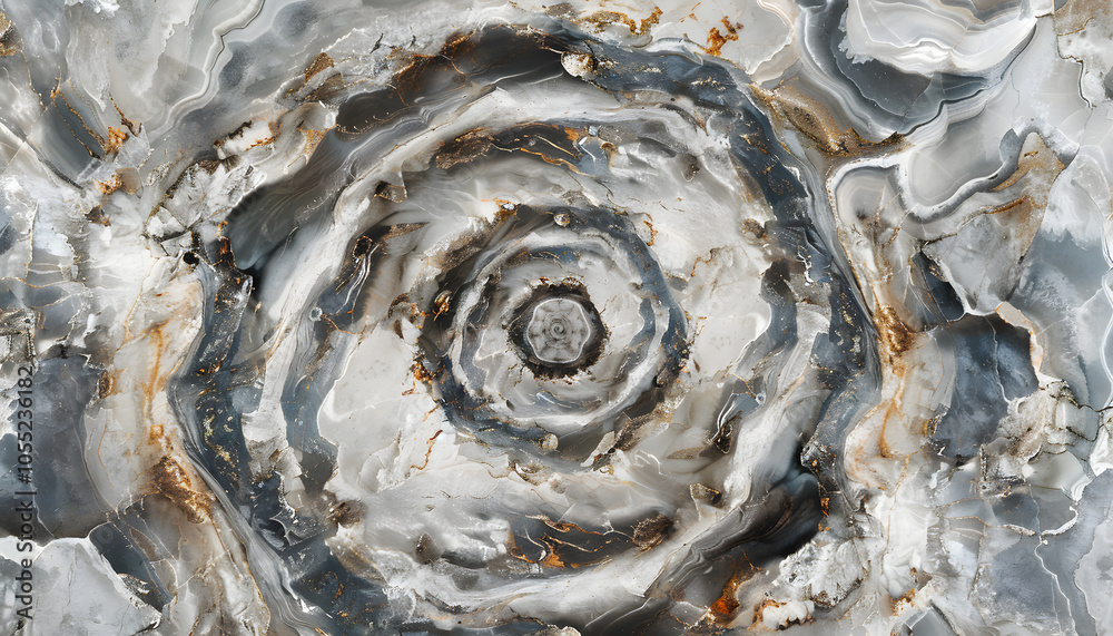 An intricate close-up of a circular natural stone pattern, showcasing swirling shades of gray and white with hints of copper tones. An intricate close-up of a circular natural stone pattern, showcasing swirling shades of gray and white with hints of copper tones.