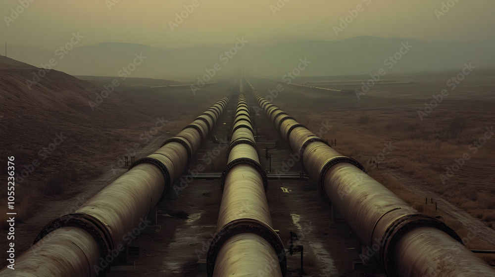 Long rows of industrial pipelines extending toward a hazy horizon, emphasizing infrastructure scale - Long rows of industrial pipelines extending toward a hazy horizon, emphasizing infrastructure scale -