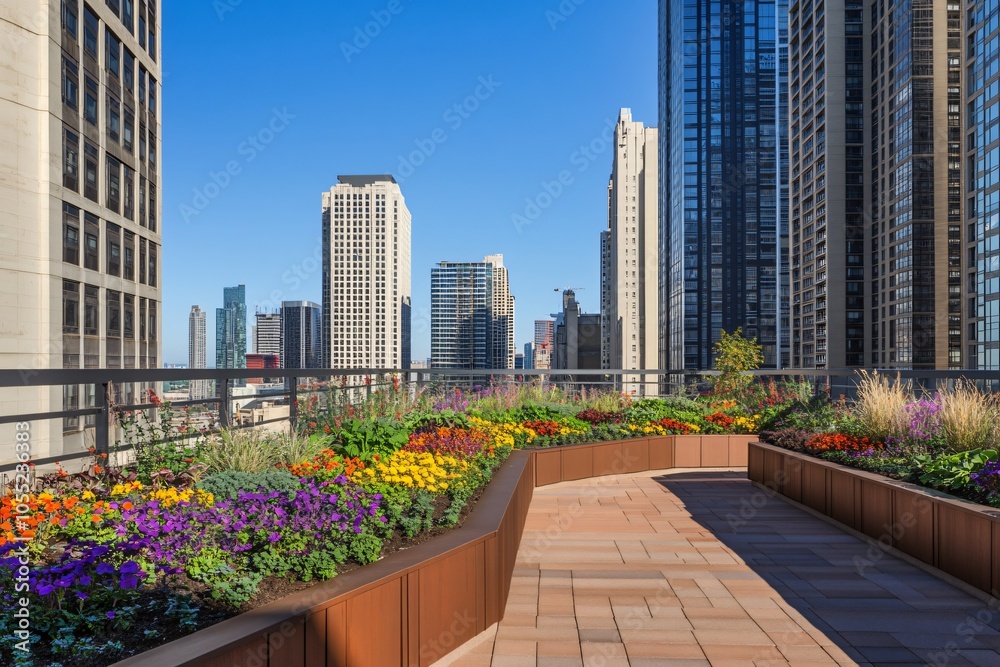Fototapeta premium Urban Rooftop Gardens with Colorful Flowers and City View