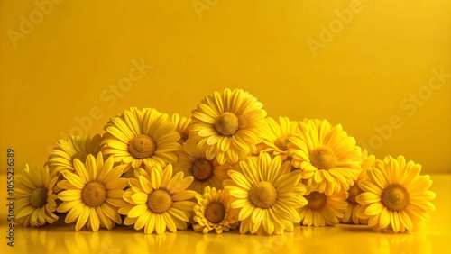 A bunch of bright yellow daisies on a yellow background.