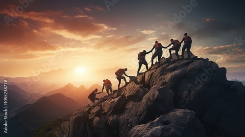 Wallpaper Mural Group of hikers at sunset mountain. Young people on mountain hike at sunrise. They holding hands and helping each other. The concept of support and business. Ai-generated. Torontodigital.ca