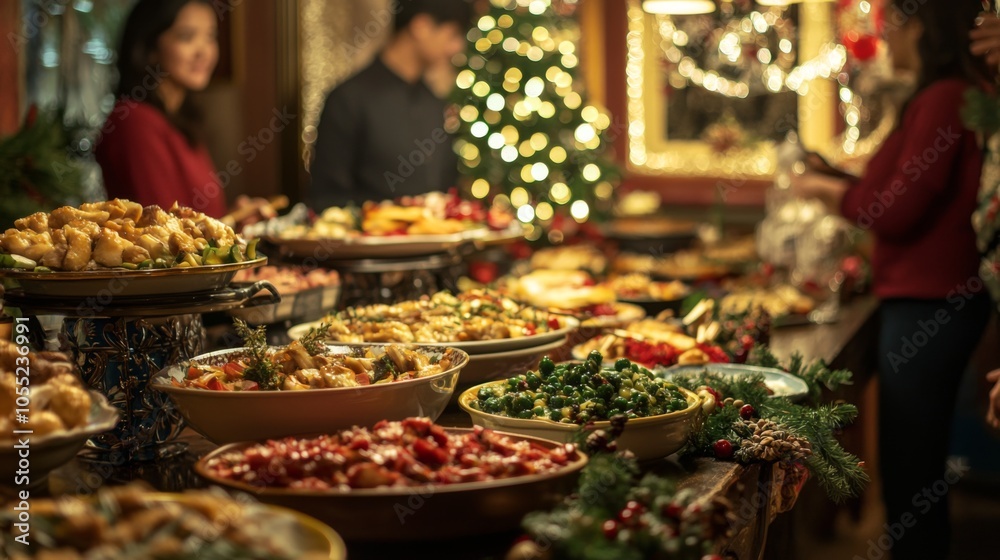 Festive New Years table with traditional dishes and family Festive New Years table with traditional dishes and family