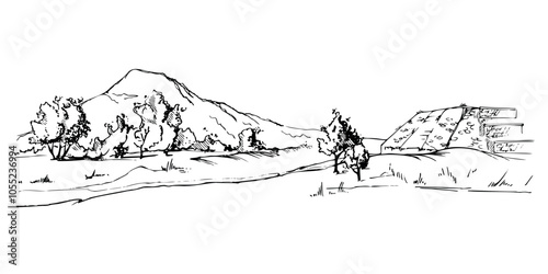 Mesoamerica Aztec ancient pyramid ruins on plain grassy field with trees, mountains hills backdrop, isolated scenic landscape. Hand drawn ink vector illustration. Design travel, vacation, brochure