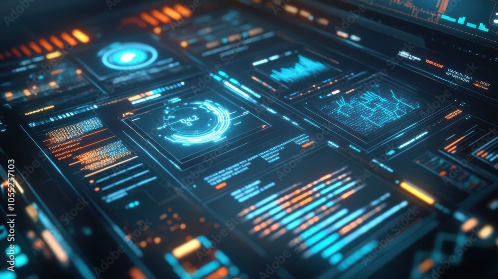 A high-tech touchscreen with an IT dashboard, highlighting system performance metrics A high-tech touchscreen with an IT dashboard, highlighting system performance metrics