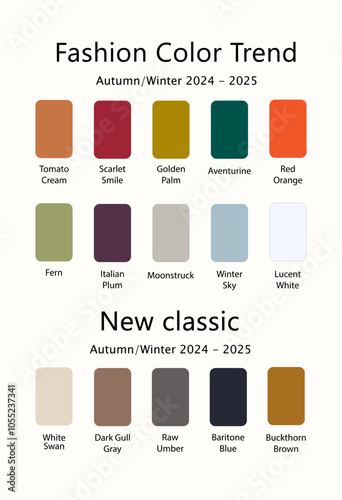 Fashion Color Trend Autumn - Winter 2024 - 2025 EPS10. Trendy colors palette guide with color names. Vector template for your creative designs.  