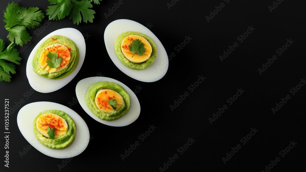 Close-up of deviled eggs with a creamy avocado filling, garnished with lime zest and cilantro, Avocado deviled eggs, Fresh and creamy Close-up of deviled eggs with a creamy avocado filling, garnished with lime zest and cilantro, Avocado deviled eggs, Fresh and creamy