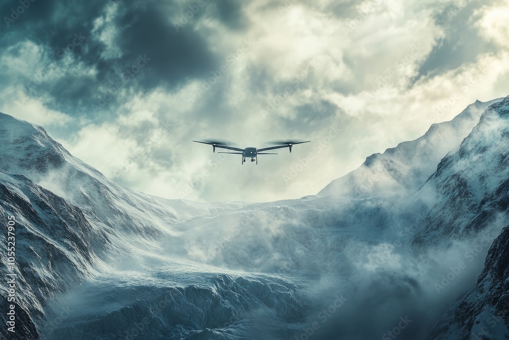 flying drone , with dramatic sky as background ,between the ice top mountains , wind flow flying drone , with dramatic sky as background ,between the ice top mountains , wind flow