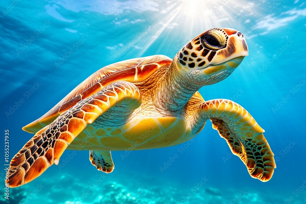 Obraz premium Turtle Gliding Through Clear Blue Ocean Waters