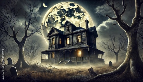 A dark and eerie Halloween background featuring a derelict mansion under a full moon, Generative AI photo