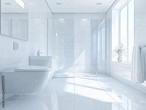 Modern bathroom with all-white walls, elegant chrome accents, and a glass shower