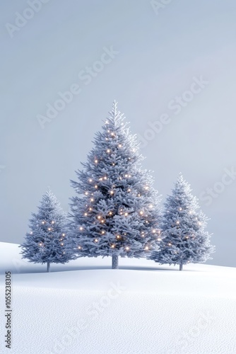 Three Snow Covered Pine Trees With String Lights On Snowy Hill, Winter Wonderland Scene