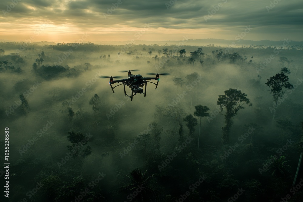 Fototapeta premium flying drone , with dramatic sky as background ,on Indonesia forest , wind flow