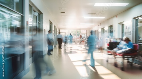 Wallpaper Mural a hospital hallway with nurses and doctors moving quickly between patient rooms, some attending Torontodigital.ca