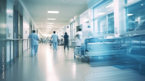 a hospital hallway with nurses and doctors moving quickly between patient rooms, some attending