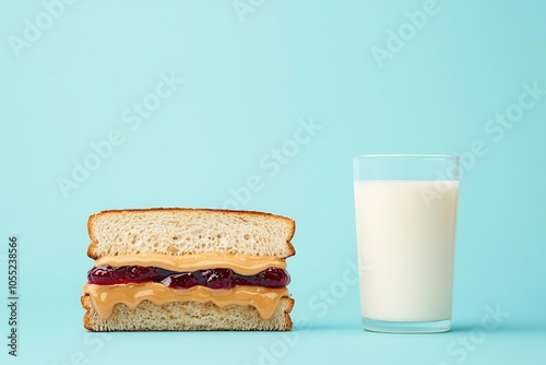 Artistic view of a PBJ sandwich with peanut butter oozing from the sides, served with a glass of milk, Peanut butter and jelly sandwich, Nostalgic and sweet photo