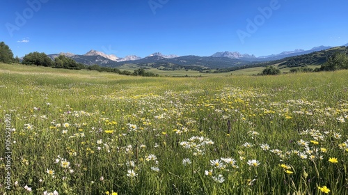 Fototapeta Naklejka Na Ścianę i Meble -  A panoramic view of a green meadow with wildflowers in full bloom,