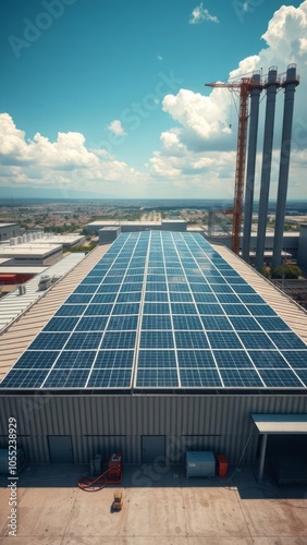 Rooftop solar panels, industrial building, coastal view, blue sky, fluffy clouds, sunny day, renewable energy, urban landscape, seaside architecture, modern technology, sustainable design, photovoltai photo