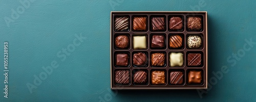 Artistic depiction of a box of artisanal chocolates, each piece uniquely shaped and decorated with intricate designs, Artisanal chocolates, Luxurious and creative photo