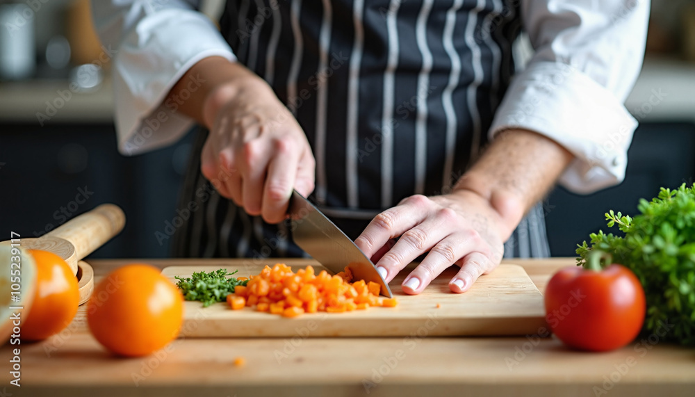 Chef chopping vegetables in cooking class demonstration Chef chopping vegetables in cooking class demonstration