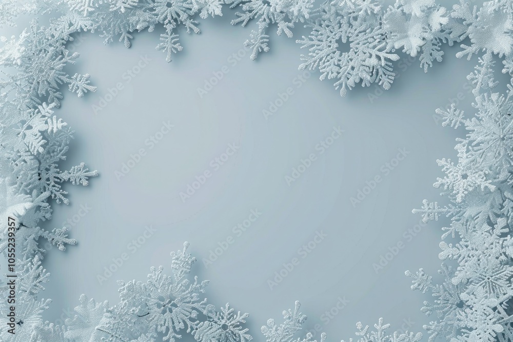 Decorative snowflake frame on a light blue background, with intricate snowflake details around the edges Decorative snowflake frame on a light blue background, with intricate snowflake details around the edges