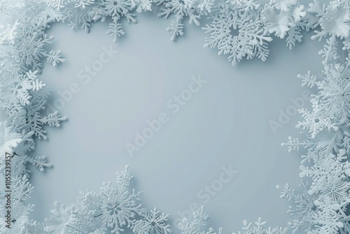 Decorative snowflake frame on a light blue background, with intricate snowflake details around the edges