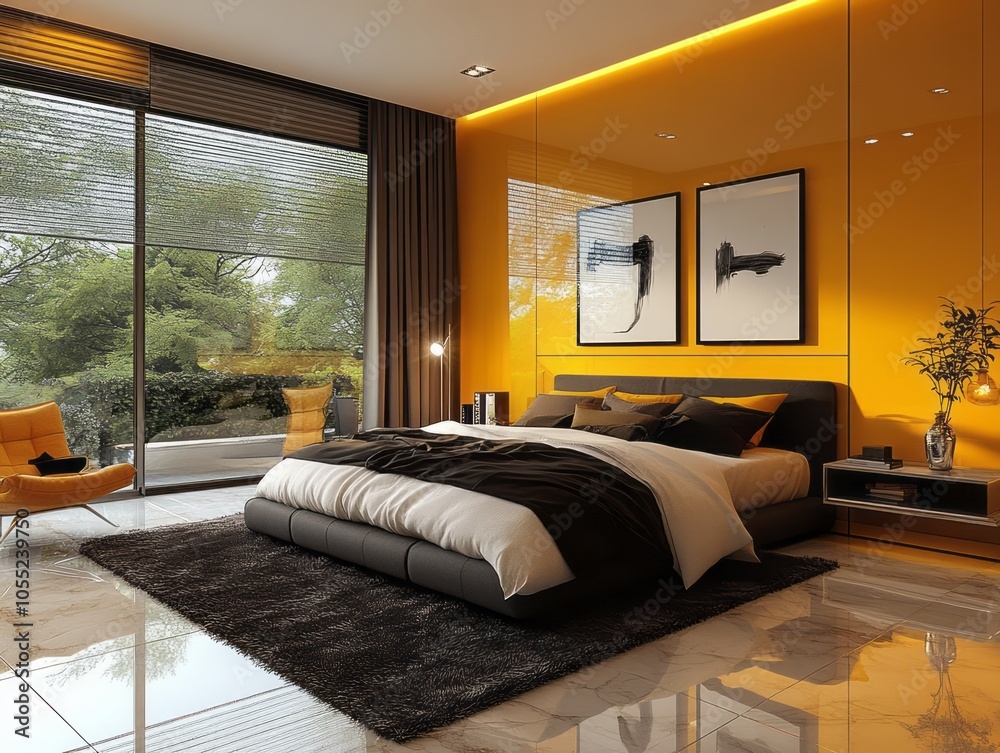 Mustard walls bring bold warmth to this modern bedroom with clean-lined furniture and chrome accents for a sleek finish Mustard walls bring bold warmth to this modern bedroom with clean-lined furniture and chrome accents for a sleek finish