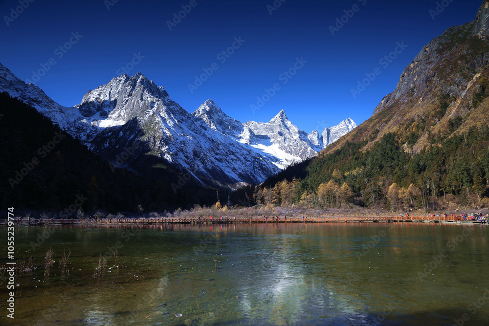 Naklejka premium Perfect autumn and snowy mountains in Bipenggou, Sichuan, China