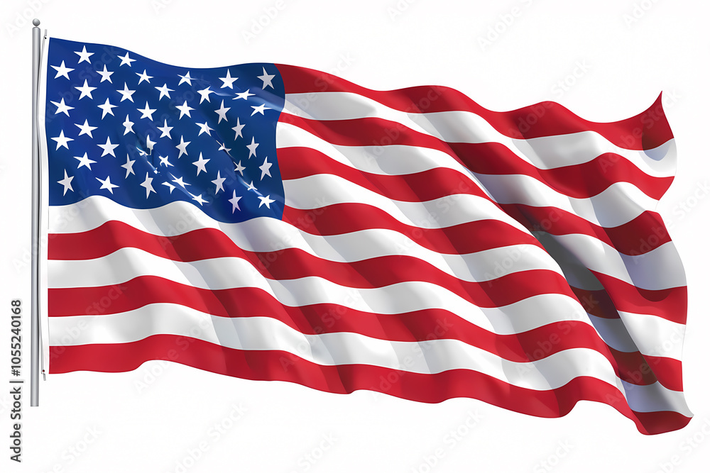 Fototapeta premium The American flag waving gracefully, showcasing its vibrant red, white, and blue colors in a clear sky.
