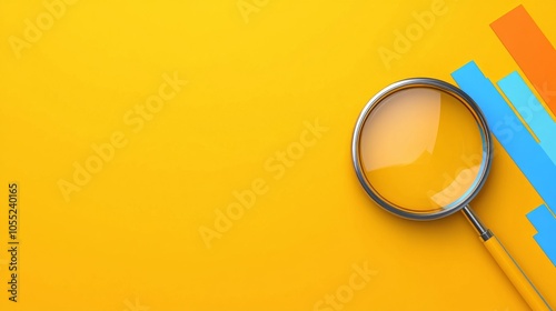 A vibrant yellow background featuring a magnifying glass and colorful stripes, symbolizing focus and exploration.