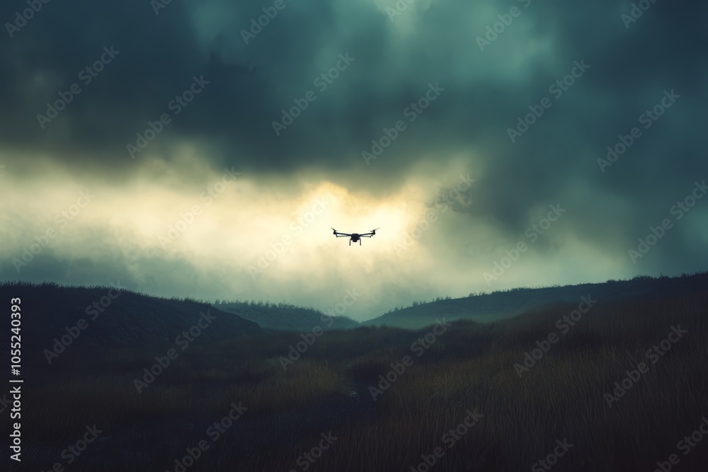 flying drone in the distance, with dramatic sky as background , dreamy background, wind flow flying drone in the distance, with dramatic sky as background , dreamy background, wind flow