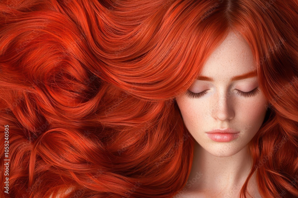 Close-up of a woman with long, flowing red hair, illuminated by sunlight, with curls cascading down her shoulders, Flowing red hair in sunlight, Vibrant and natural Close-up of a woman with long, flowing red hair, illuminated by sunlight, with curls cascading down her shoulders, Flowing red hair in sunlight, Vibrant and natural