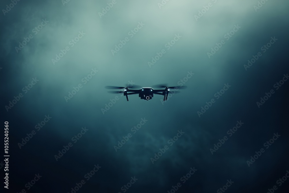 Fototapeta premium Flying drone in the distance, a subtle harmony of dark blue and black, dreamy background, wind flow 
