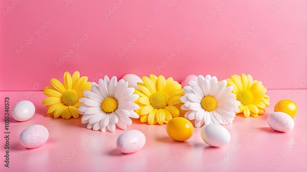 Pink and yellow Easter eggs and daisies on pink background. Pink and yellow Easter eggs and daisies on pink background.