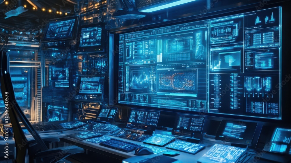 A professional IT setup with a touchscreen displaying system networks,