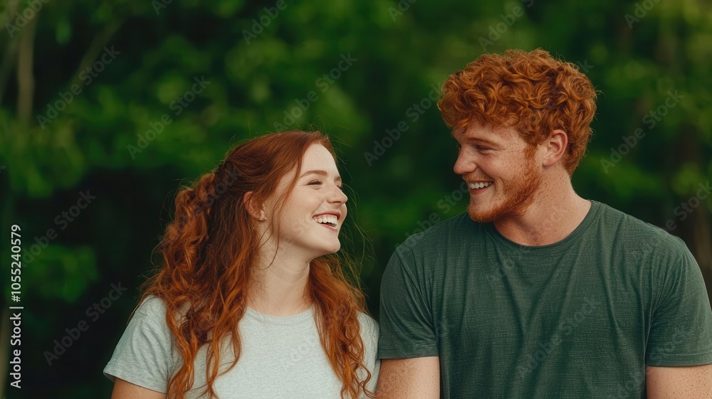 Visualization of a red-haired couple walking hand-in-hand through a park, their hair catching the light as they laugh together, Red-haired couple outdoors, Romantic and warm Visualization of a red-haired couple walking hand-in-hand through a park, their hair catching the light as they laugh together, Red-haired couple outdoors, Romantic and warm